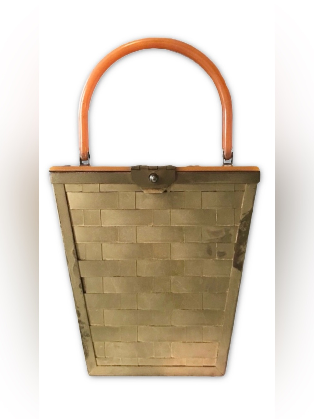 VINTAGE 1950'S GOLD METAL BASKET WEAVE AND CARAMEL CELLULOID TOP BOX CASE